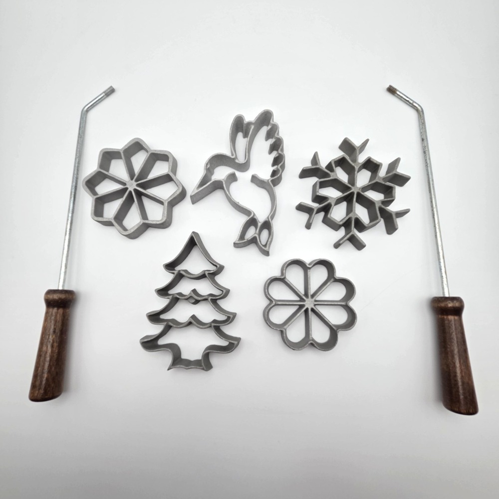 Set of 5 Rosette & Bunuelos Iron Molds with Rods for Scandinavian / Bunuelos